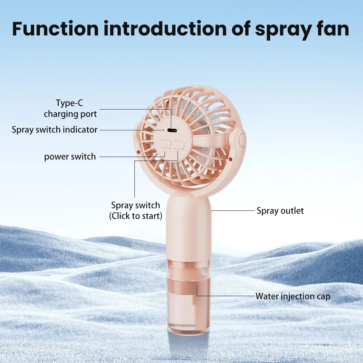 Gaiatop Portable handheld spray fan, 4000mAh rechargeable personal spray fan, adjustable speed spray fan, 180° folding, mini fac