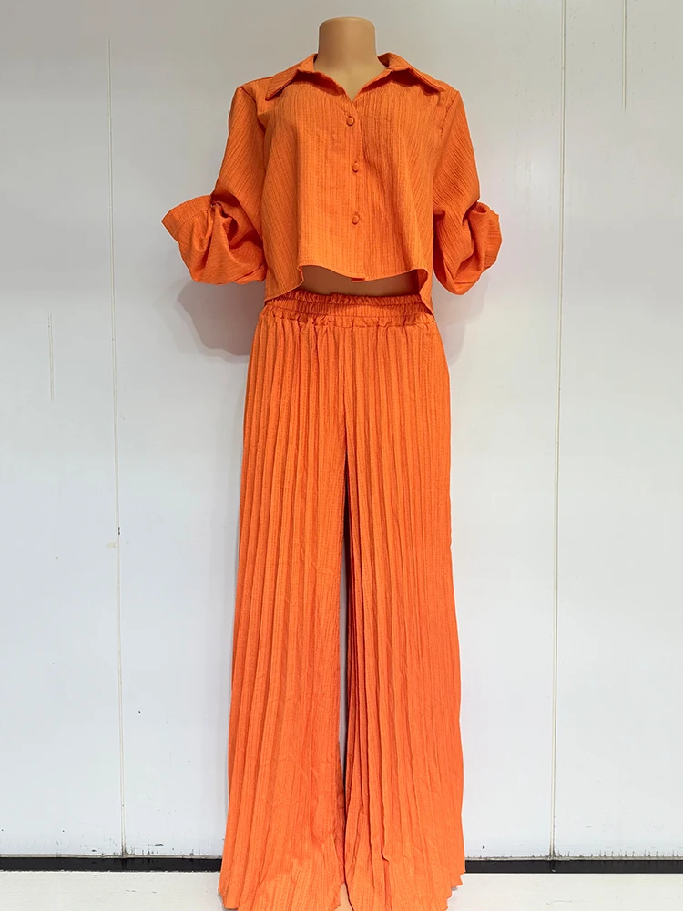 Solid color lapel long-sleeved short shirt two-piece set 2025 Autumn women's fashion set + pleated loose wide-leg pants
