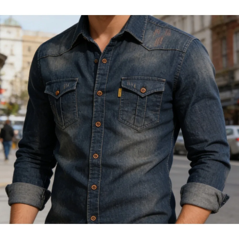 

2026 New European Size Men's Casual Denim Shirt Solid Color Long Sleeve Male Shirt