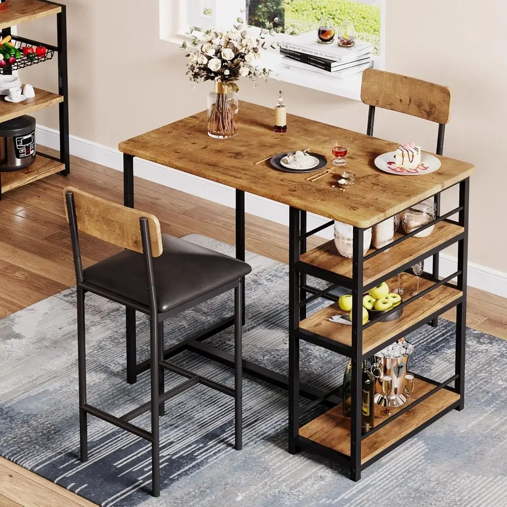 Table and Chair Set with Three Shelves Small 2-Person Dining Table with 2 Upholstered Stools with Backrests Suitable for Restaur