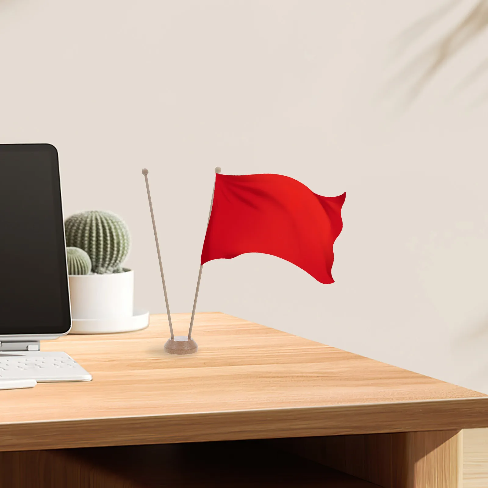 Desk Flag Holder Wooden Solid Base Round Shape Double Pole Stand Office Meeting Room Indoor Tabletop Mini Flag Stand