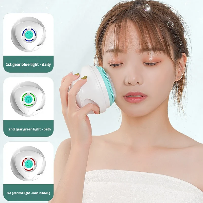 แปรงขัดหัวชาร์จได้ห้าหัวสีเขียวเครื่องนวดถูอัตโนมัติด้ามจับยาวสำหรับสาวๆผู้ชายเครื่องทำความสะอาดผิวหน้า