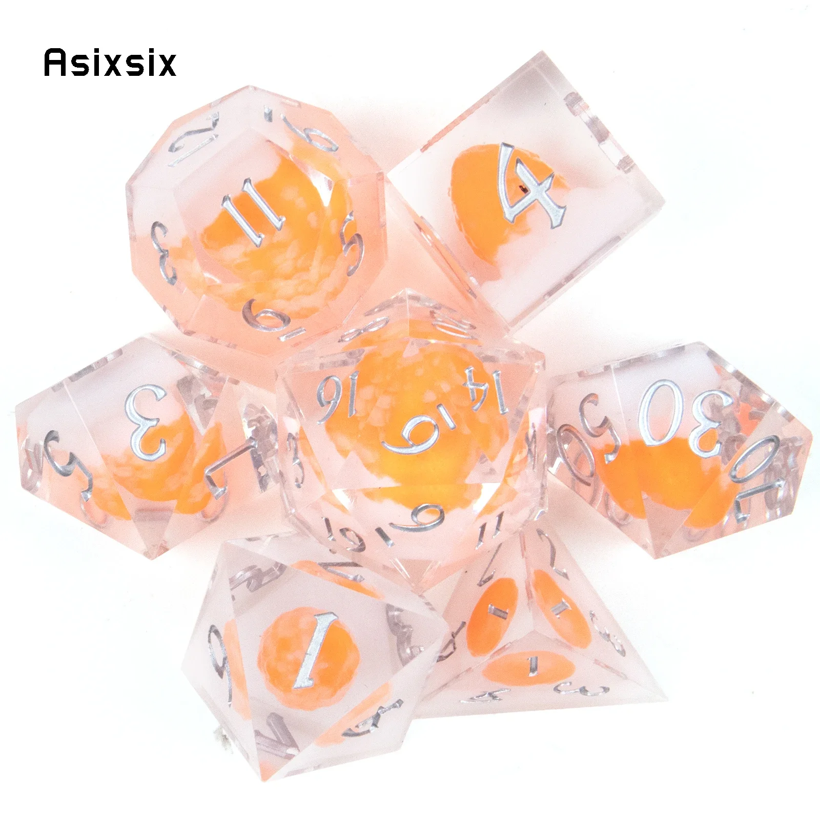 

7 Pcs Orange Noctilucent Resin Golden Number Sharp Edge Dice Polyhedral Dice Suitable for Role-Playing RPG Board Game