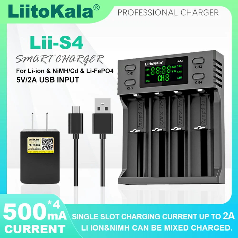 Liitokala Lii-S4 Lii-S2 3.7V 3.2V 18650 18350 18500 21700 14500 26650 1.2V NiMH AA AAA Rechargeable Lithium-Battery Charger