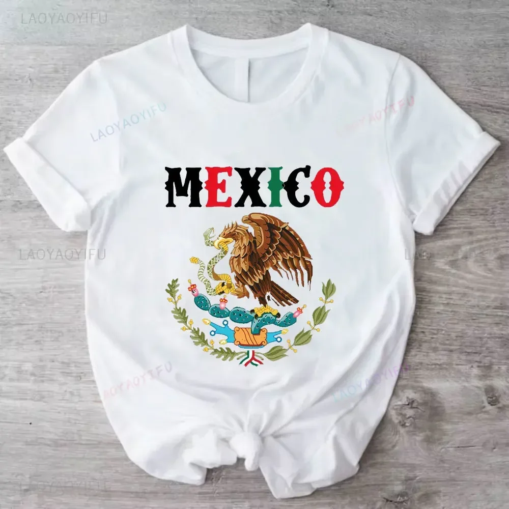 Mexico A Divine Eagle Holding A Snake in Its Beak Print Cotton T-shirt Fashion Mexican Women Girls Unisex Short-sleeved Tops