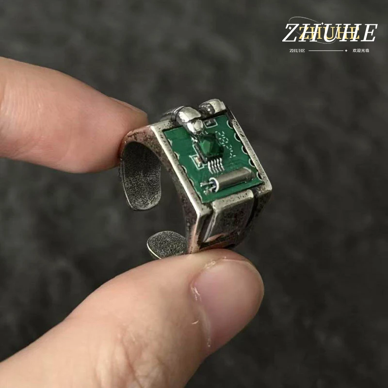 Cyberpunk Leiterplatten-Ring Schmuck-Accessoires für Männer und Frauen, Kupferlegierung Verstellbarer Offener Ring mit Grünem Kristall, Einzigartiger Tech-Look