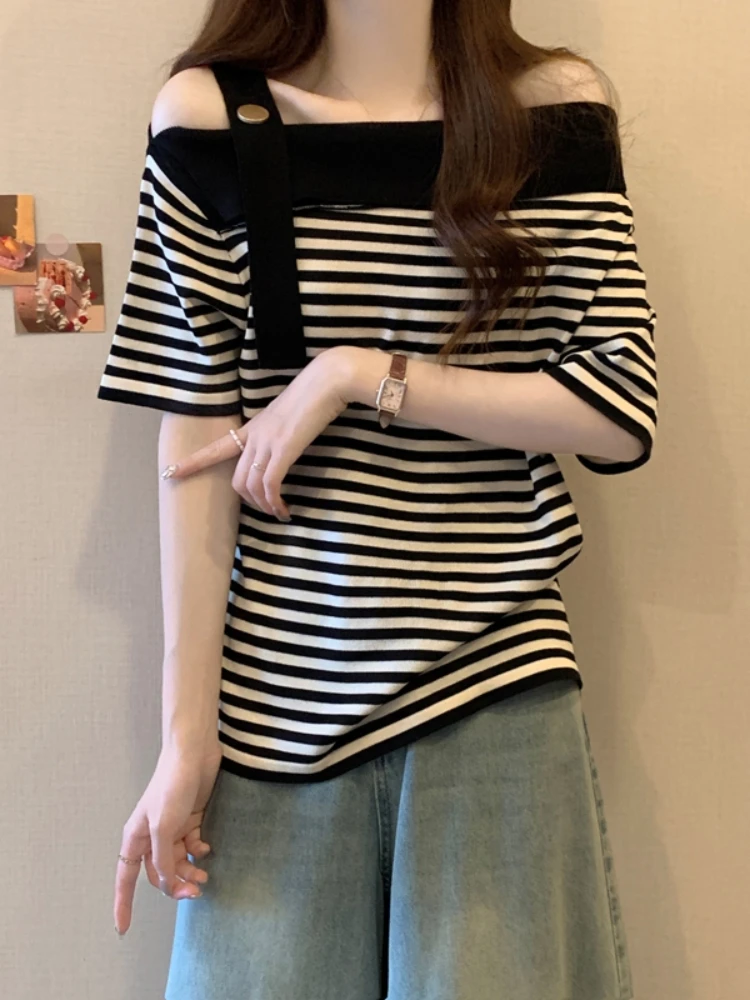 

Summer Ice Silk T-Shirt Women's plus Size Slimming Sweet And Spicy One Shoulder Bone Top Beautiful Small Shirt Striped Short ...