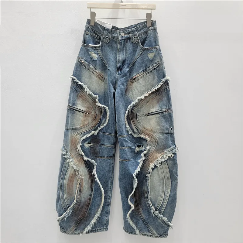 

Vintage Women Patchwork Cargo Jeans Trendy High Waist Burr Loose Wide-leg Denim Pants Casual Female Streetwear Trousers