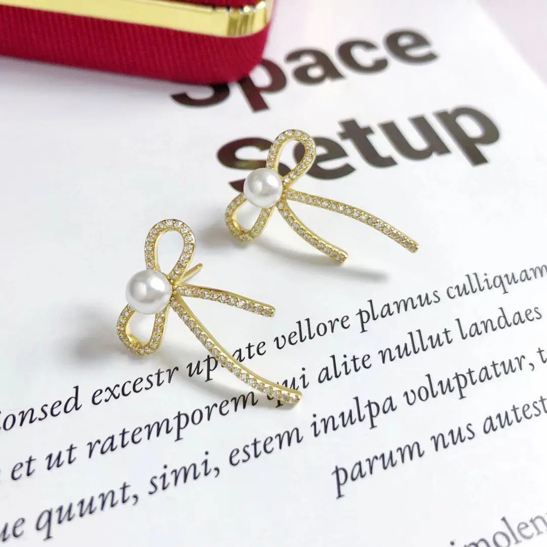 Bow Knot S925 Sterling Silver Earrings Mount Findings Settings Base Mounting Parts Accessory for 4-5mm Pearls 5 pairs/lot