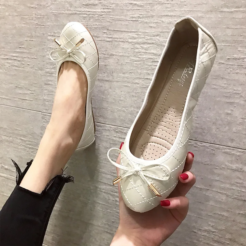 

Round toe sewing plaid ballet flats women bowtie mocasines soft bottom embroider flat shoes for woman loafers big size