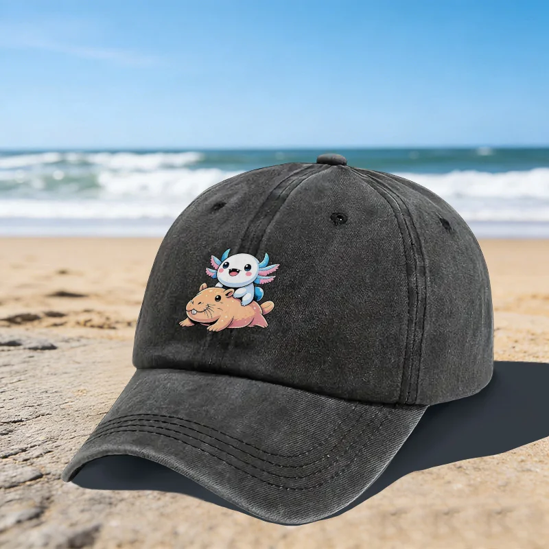 Adorable Axolotl and Capybara Print Baseball Cap Unisex Adjustable Cotton Hat for Beach Outdoor Activities