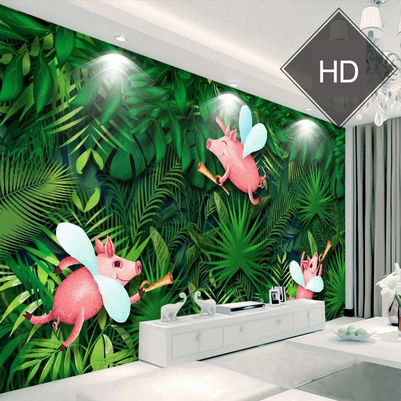 Custom Mural Hand Painted Tropical Plant Green Leaves Cartoon Flying Pigs Wallpaper for Kids Bedroom Living Room TV Wall Decor