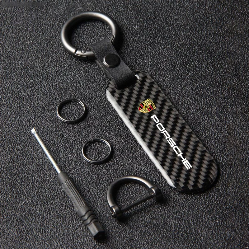 Carbon Fiber Car Keychain Key Ring Anti-Loss Keyring For Porsche Panamera Cayenne 911 718 Taycan Macan Carrera-GT 944 918-Spyder