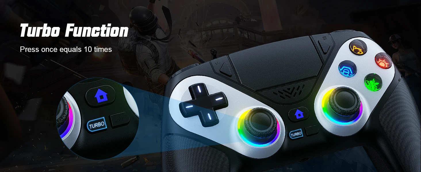GAMROMBO RGB-Beleuchtung, kabelloser Controller für PlayStation 5 PS5/Pro/Slim/PC-Konsole, Gamepad mit Hall-Effekt-Trigger, Turbo- und Vibrationsfunktion. – Detail 10