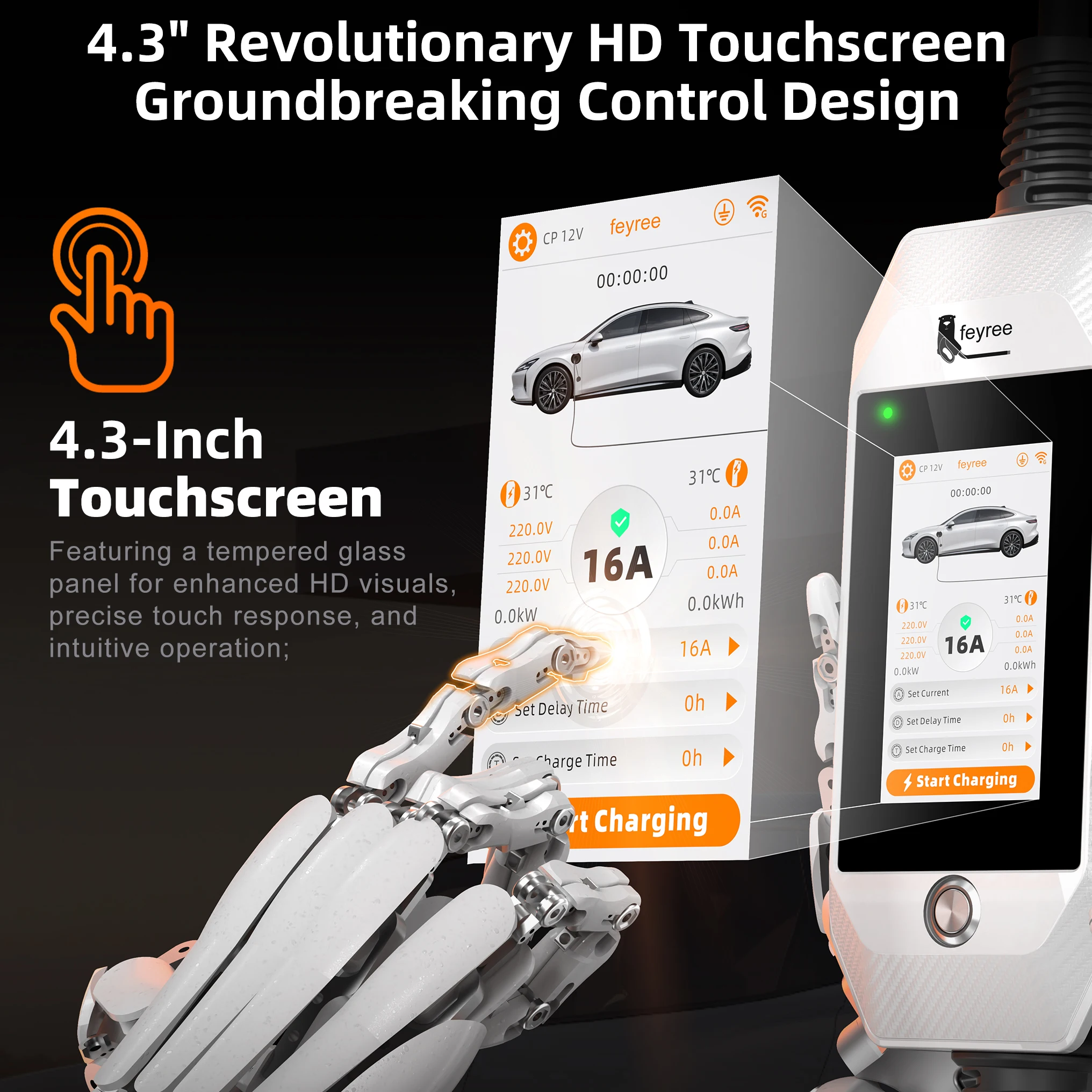 Chargeur EV portable Feyree 11kW 16A 3P Type 2 avec écran tactile 4,3' et historique de charge, contrôle par application WIFI, EVSE intelligent pour véhicule électrique