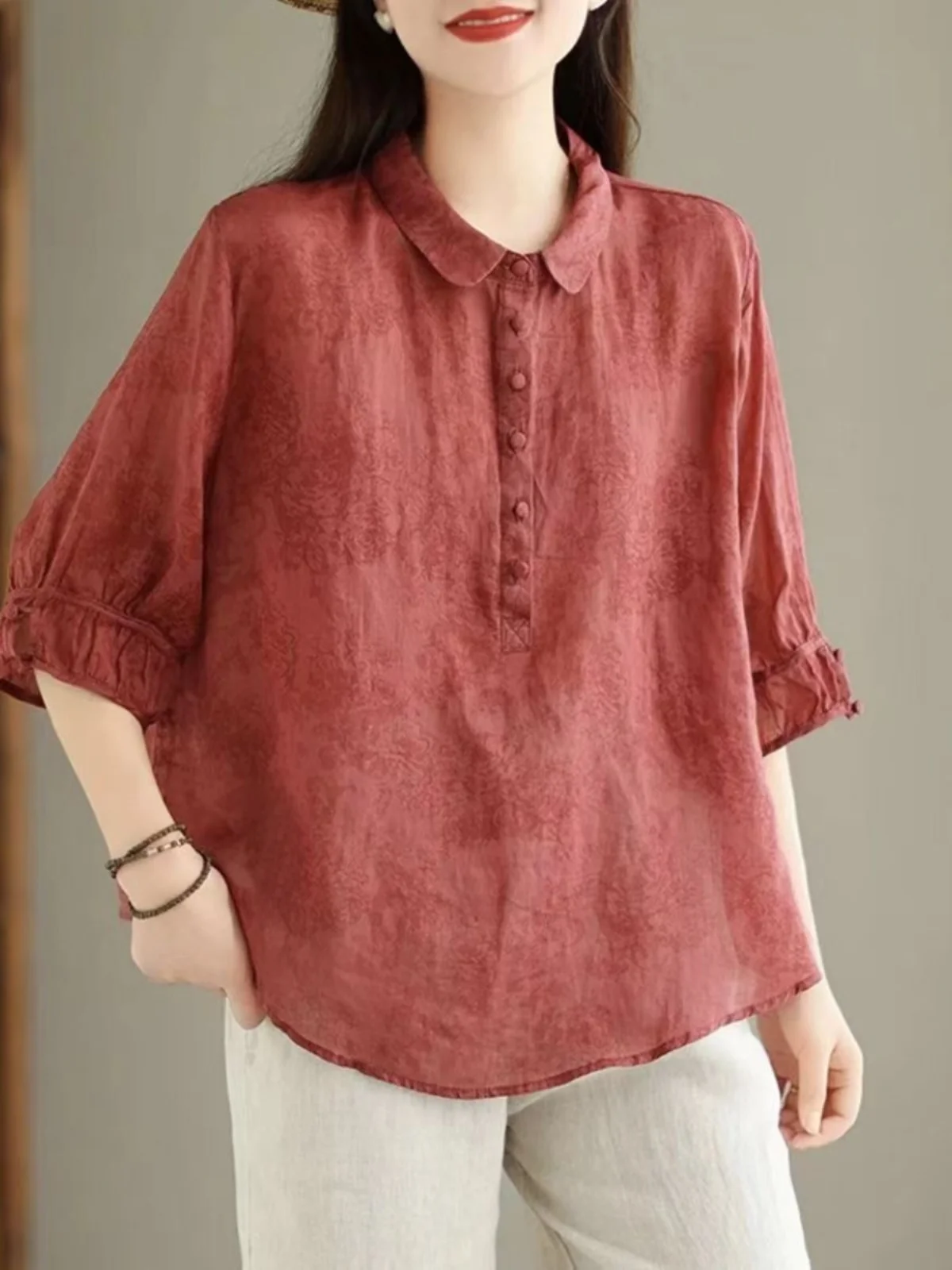 

Fashionable Cotton Linen Loose Casual Shirt for Middle-Aged Women Spring Summer Top V-Neck Warmth-Bearing Thin Model