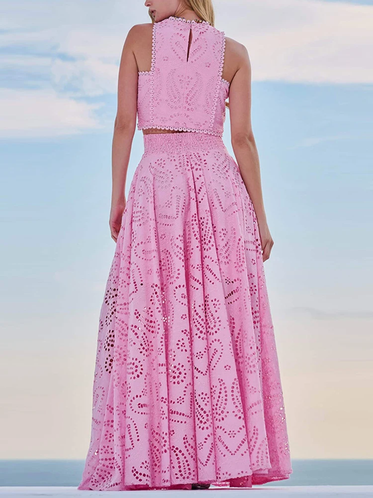 CHICEVER Embroidery Women\'s 2 Piece Set O Neck Sleeveless Short Top Spliced Button High Waist Hollow Out Skirt Sets Female New