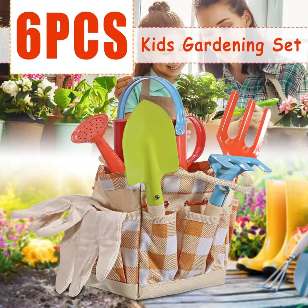 

6pcs Kids Gardening Plant Tool Set Bag Gloves Watering Can Rake Fork Plastic