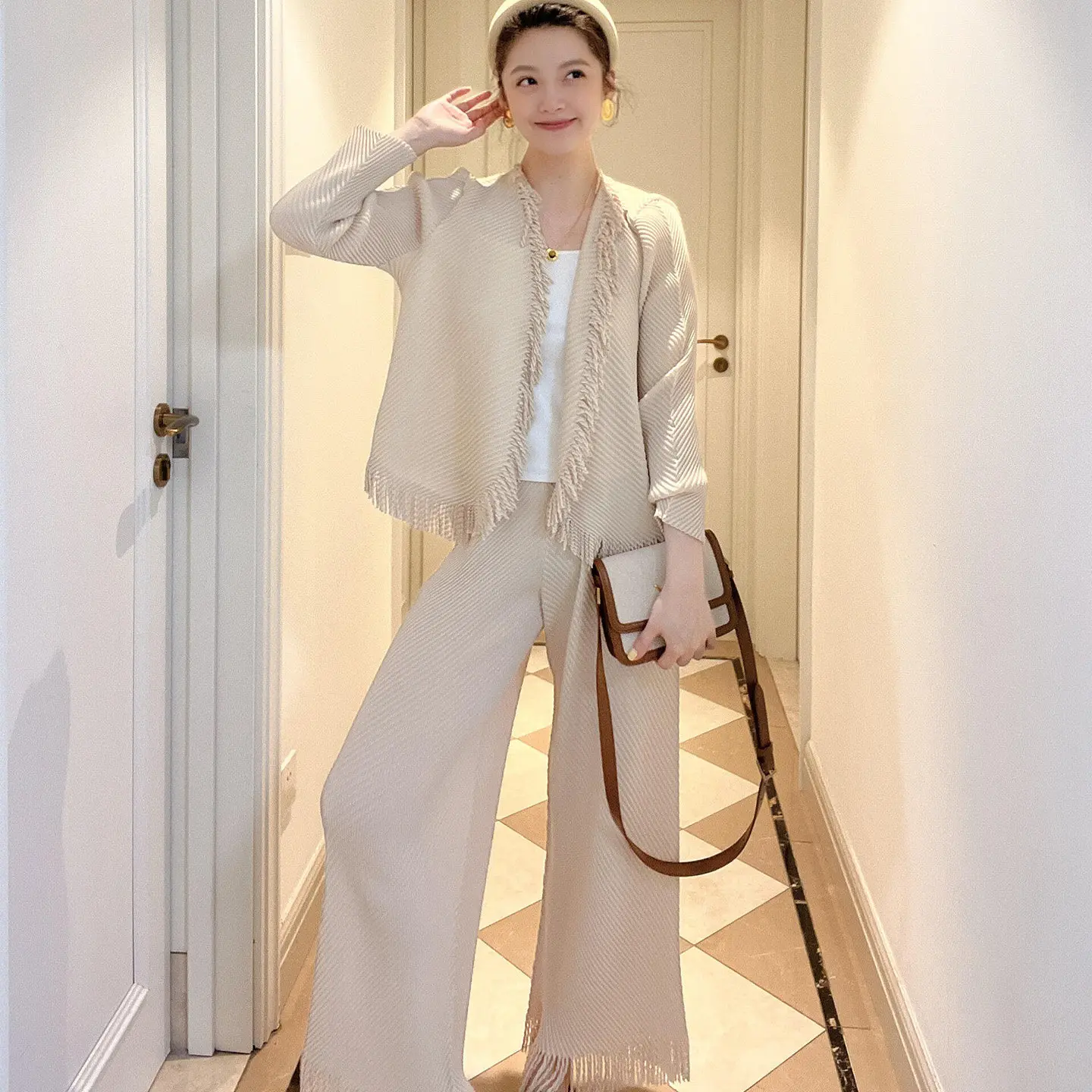 

Miyake Folds 2026 New Spring and Summer Fashion Tassel Jacket Suit Female Casual Wide-legged Pants Fashion Two-piece Set Pleat