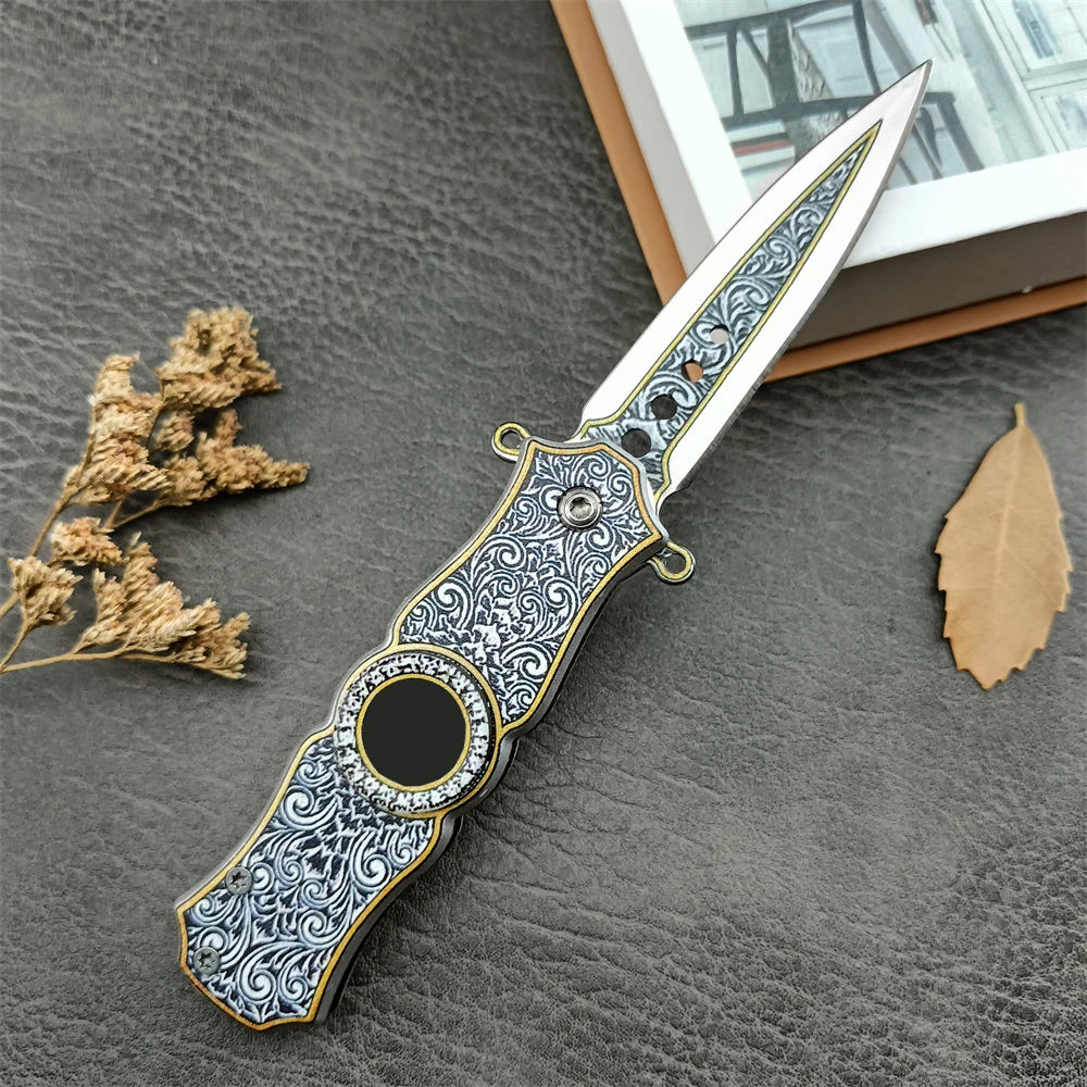 High Quality Folding Knife Auxiliary Quick Open 5Cr13Mov Blade Artistic Patterns 420 Steel Handle Outdoor Knife Multi Tool