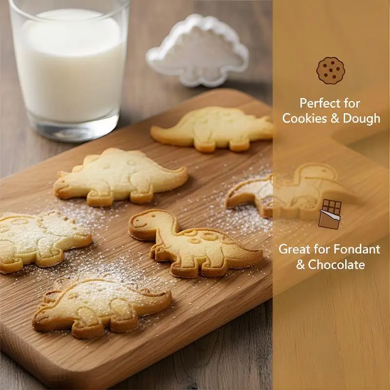 4Pcs Dinosaur Plunger Cookie Cutter Set Cartoon Baking Moulds for Kids Making Festive Cookies Home Kitchen Cake Decorating
