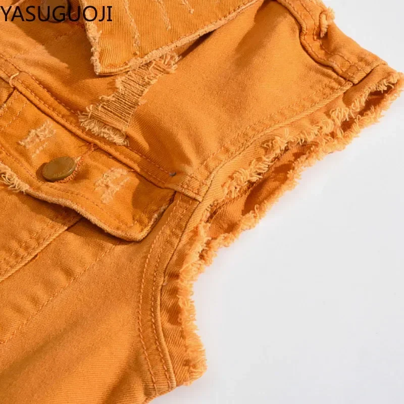Streetwear Fashion Orange Slim Fit Ripped Stretch Denim Vest Men Fringe Holes Distressed Sleeveless Jeans Jacket Men's Waistcoat view 4