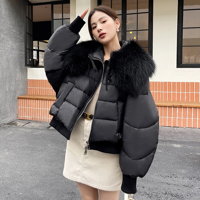 2023 New Winter Women\'s Warm Goose Down Jacket With Big Natural Raccon Collar Thick Women Short Coat Luxury Outwear Female Coat