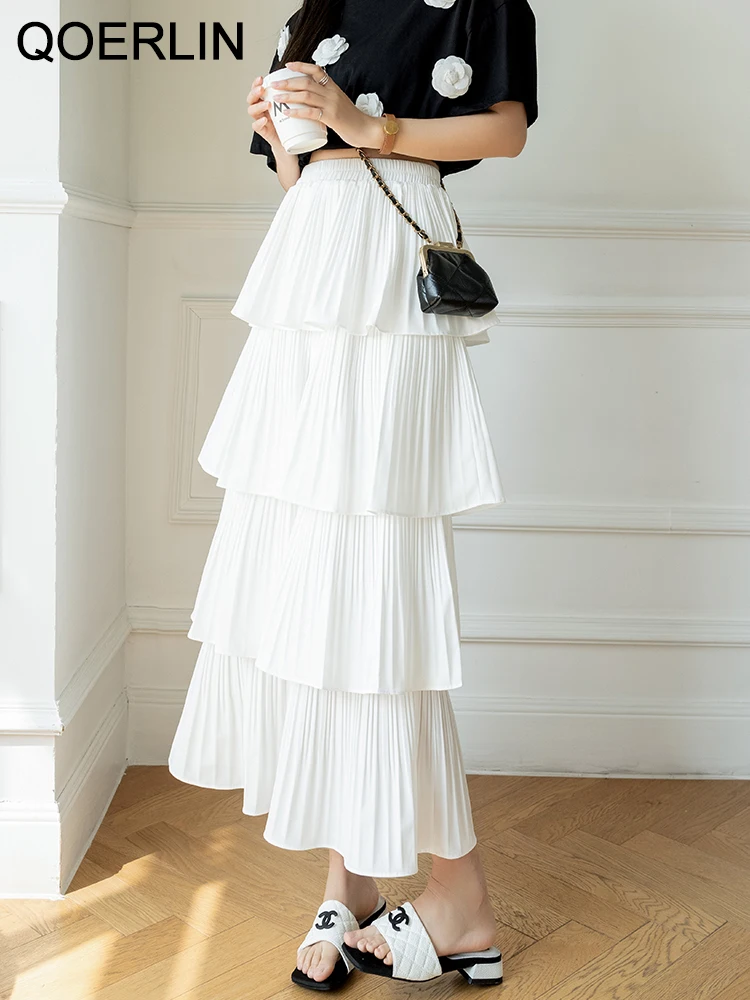 QOERLIN Ruffles Layers Skirts Summer New Women Loose Casual Pleated Long Skirts Black White Elastic High Waist Skirt Fashion