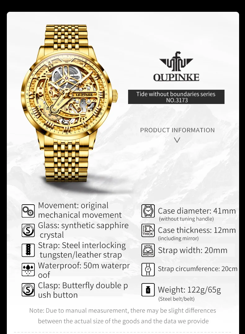 OUPINKE 3173（Special Offer）Gold Watch for Men Skeleton Hollow Crystal Mirror 50M Waterproof Automatic Mechanical Watch Man