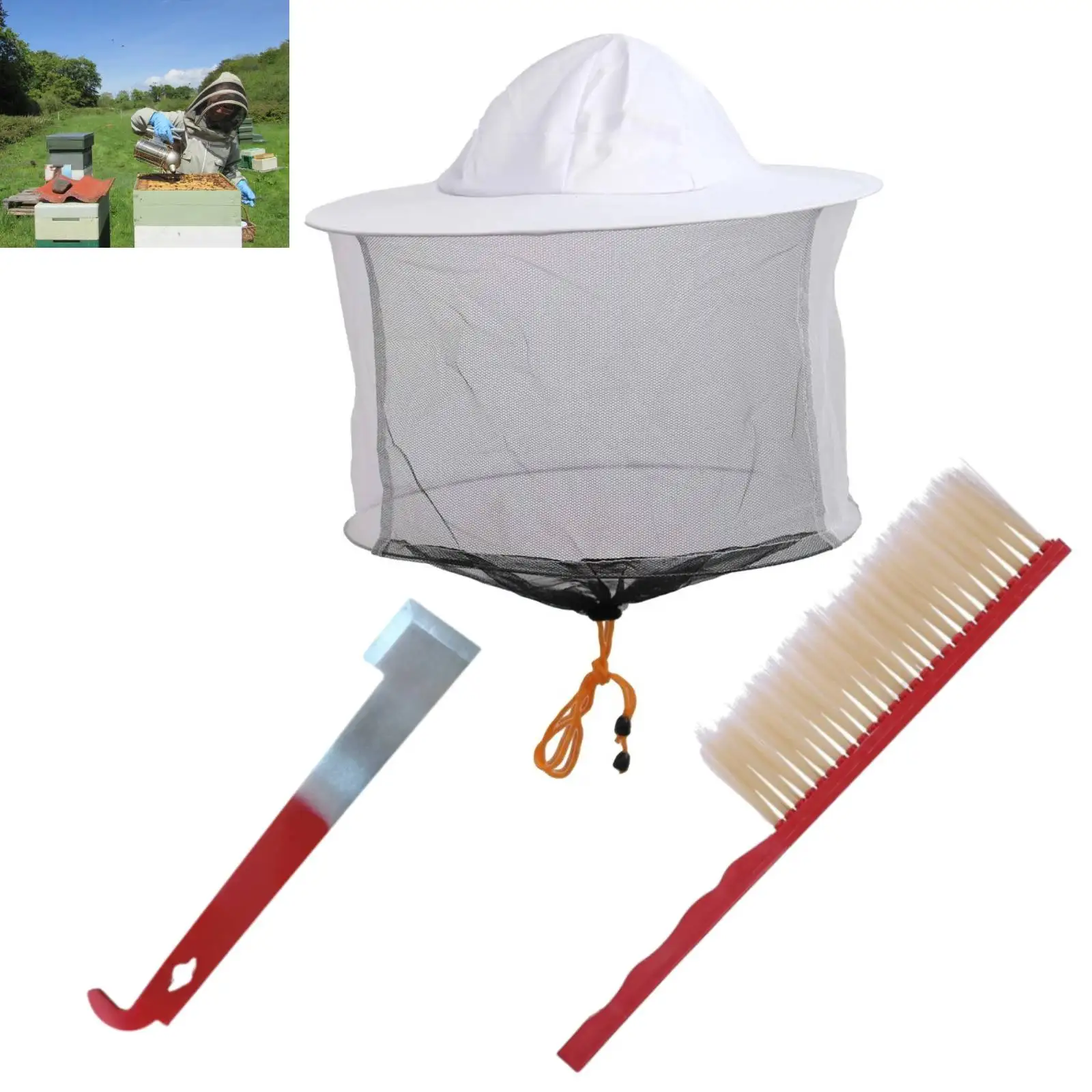 3-in-1 Beekeeping Tools Set Beekeeping Supplies Set with Outdoor Round Hat/ Stainless Steel Hive Tool and Plastic Bee Brush