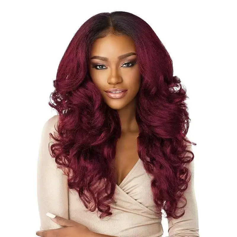 

European and American Style Yaki Wine Red Middle Part Fluffy Long Curly Hair Synthetic Full Wig