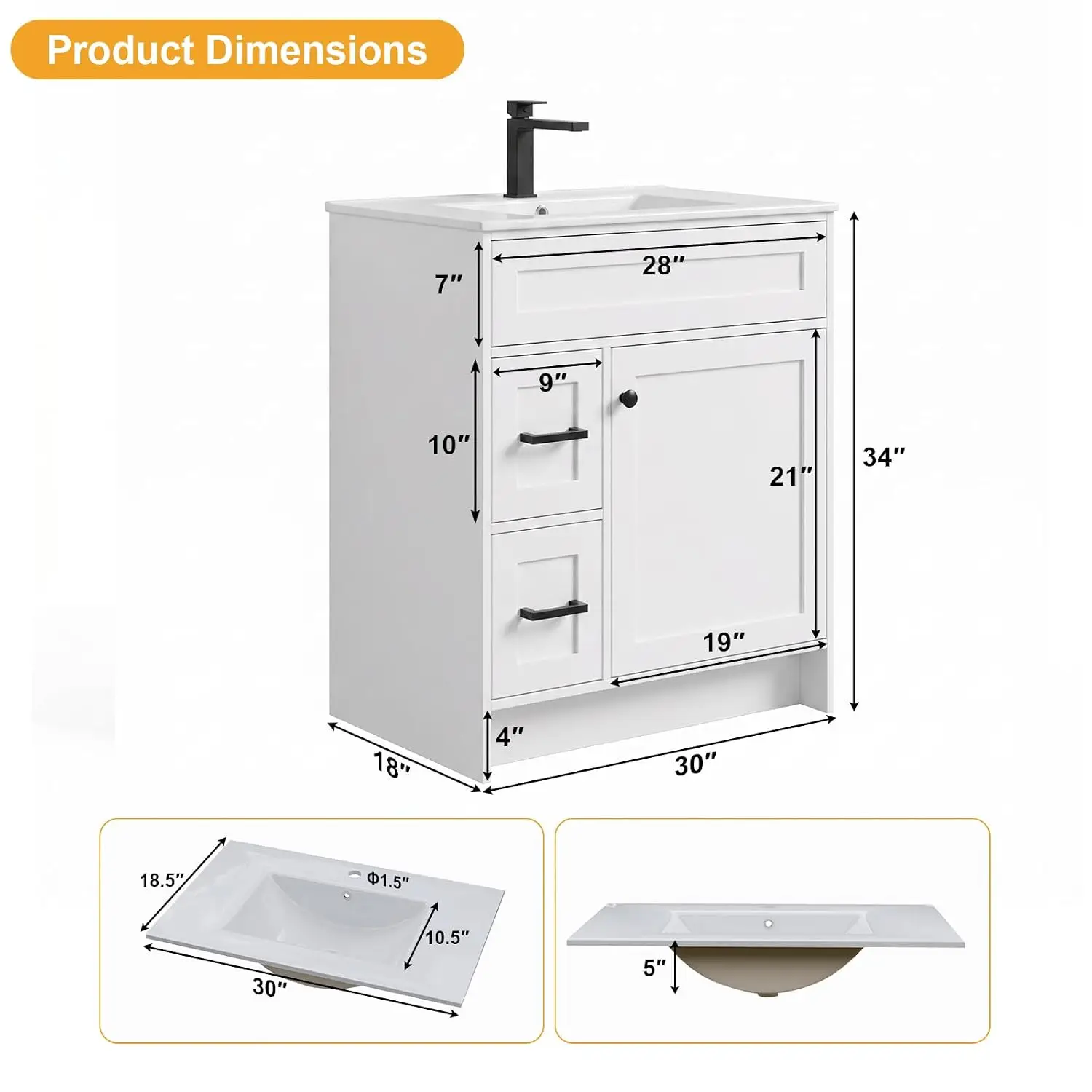30 Inch Bathroom Vanity Sink Modern 2 Drawers & Door Freestanding Cabinet Ceramic Countertop Waterproof White, Customized
