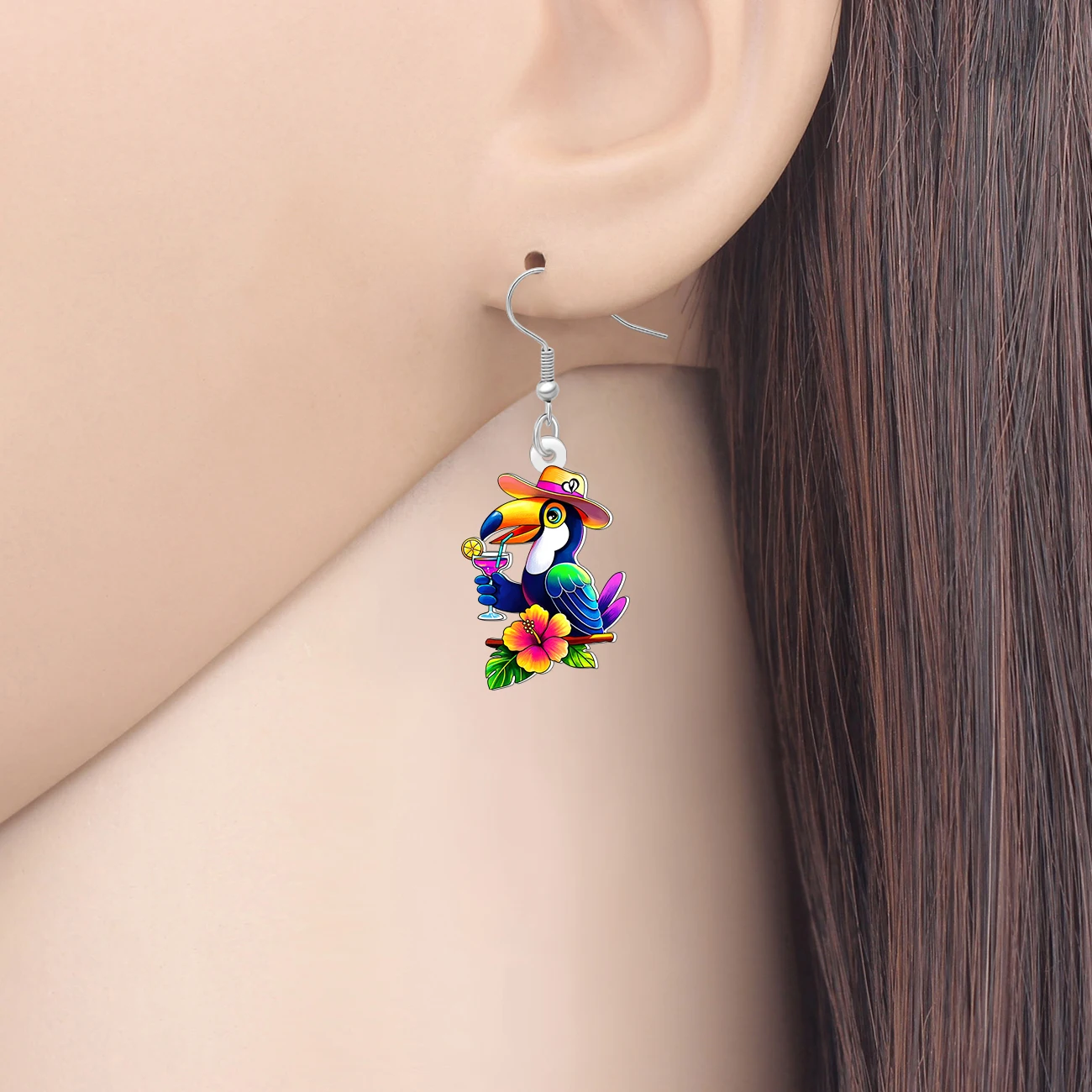 BONSNY Acrylic Tropical Toucan Dangle Earrings Colorful Birds Sping Flowers Summer Jewelry Hawaii Holiday Gifts for Women Teens