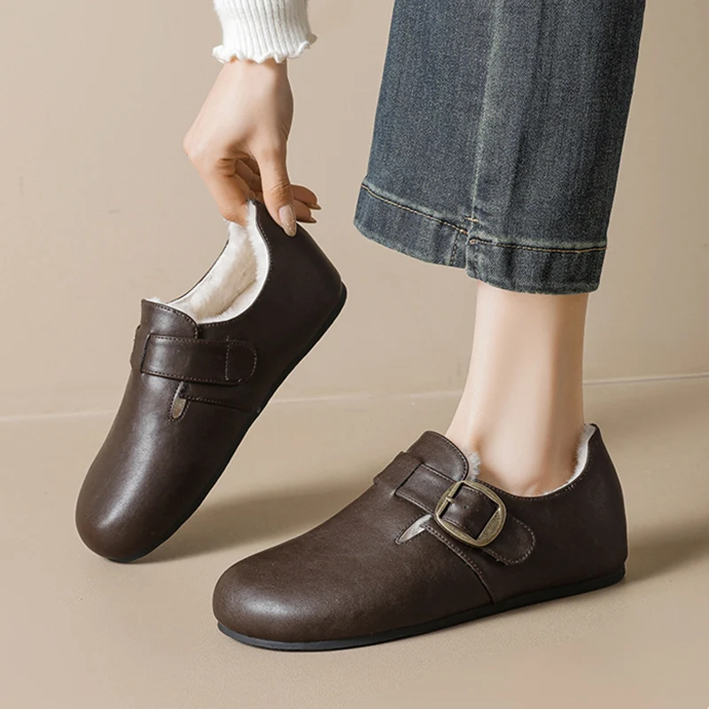 Fashion Brand Winter Fur Shoes Women Loafers Warm Plush Flat Non-slip Ladies Cotton Shoes Brown Black Plus Size 42 D774