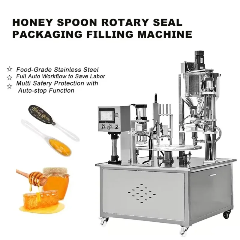 Automatic Rotary Honey Spoon Filling Sealing Machine for Maple Syrup Bee Honey Cup Custom