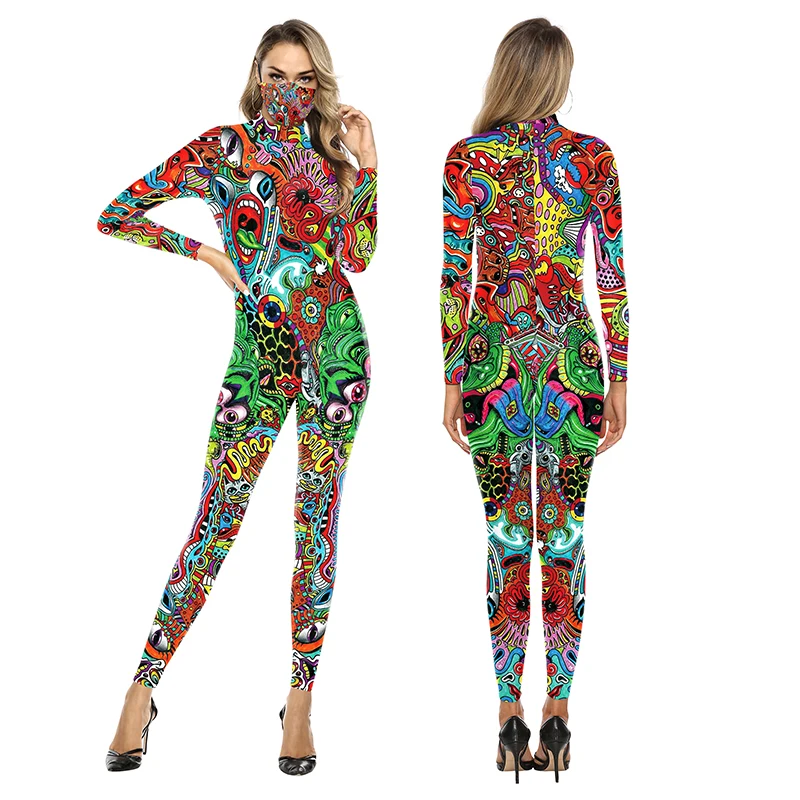 Fancy Eyes and Mouth Pattern Jumpsuit Halloween Cosplay Costume 3D Printing Bodysuit Spandex Elasticity Catsuit Party Zentai