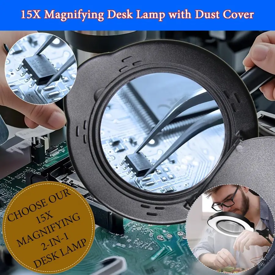 Magnifying Glass Desk Lamp with Clamp and Base, Real Glass Lens, 84 LEDs, 5 Color Modes Dimmable, Led Lamp Magnifier with Dust