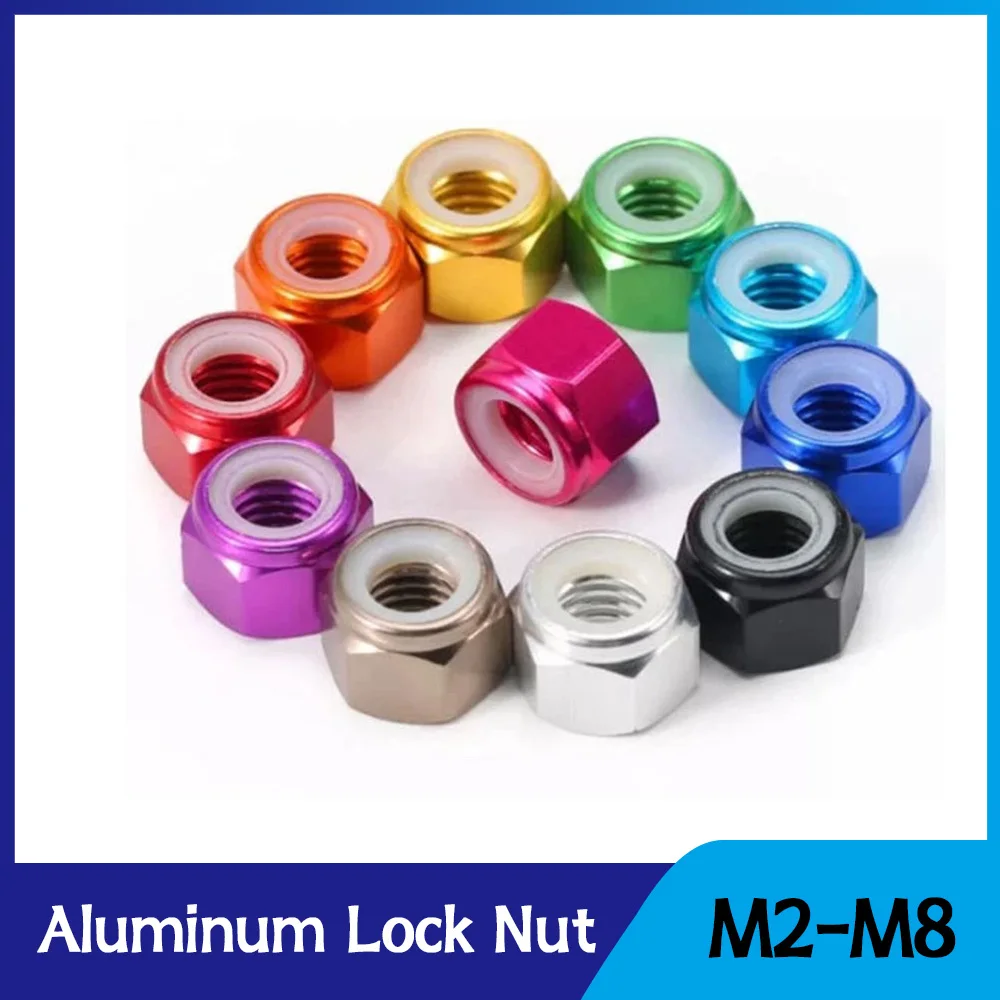 20Pcs Colorful Anodized Aluminum Alloy Nylock Nut Hex Nylon Self-Locking Nuts M2 M2.5 M3 M4 M5 M6 M8 Aluminium Hexagonal Nuts