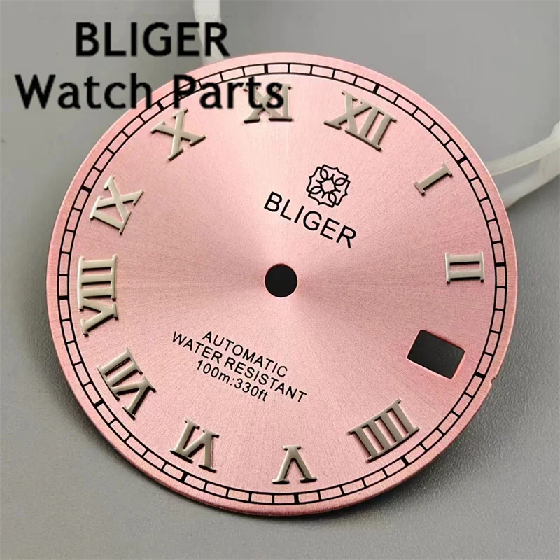 BLIGER arloji 29mm NH35, Dial jam tangan mutiara putih Sunburst merah muda biru coklat dengan indeks Roma cocok gerakan NH35 3 o jam tanggal jendela