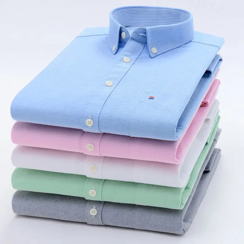 Camisa Oxford de manga larga para hombre, camisas de vestir informales de algodón sólido para negocios, camisa azul a cuadros a rayas con botones,