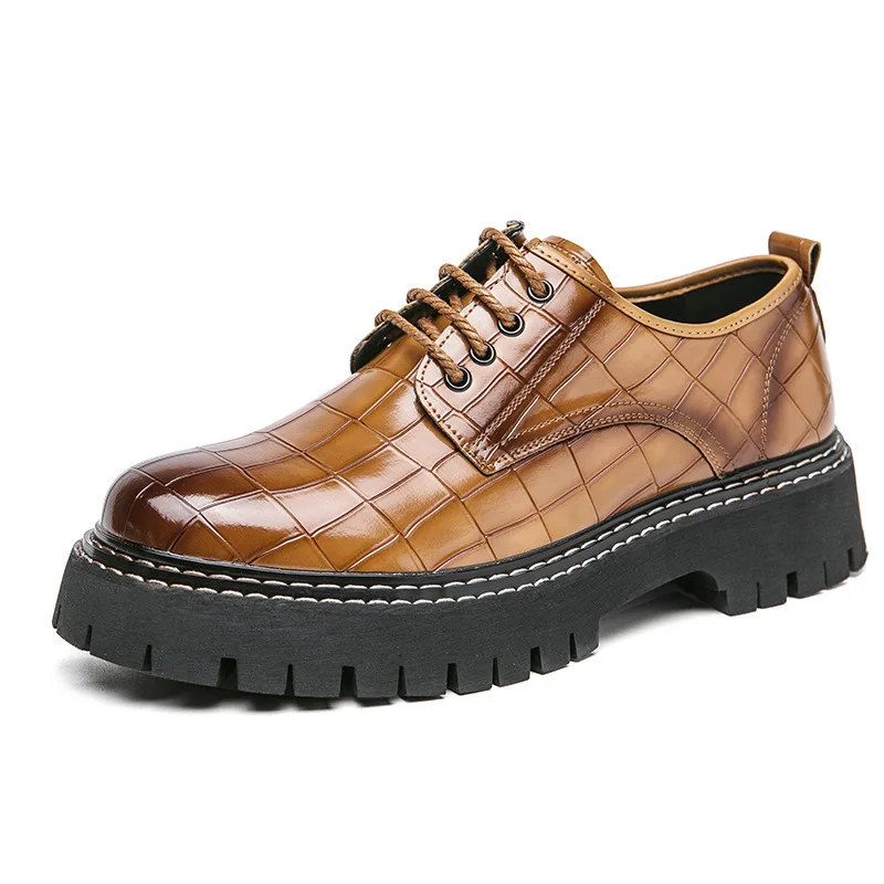 Spring Autumn Plus Size Men's Low Top Big Toe Leather Shoes Bright Thick Soled Height Increasing Nightclub Leather Shoes