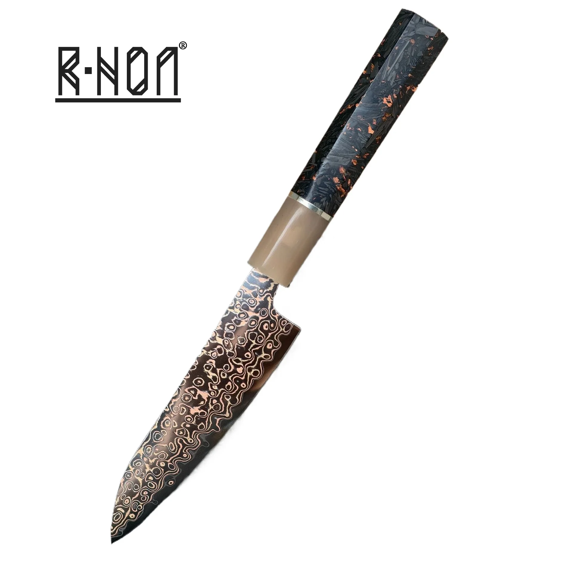 

RHON 4.7inch Utility Knife SharpTricolor Copper Damascus Steel Kitchen Mutil Fruit Paring Petty Vegetable Slicing Kitchen Knives