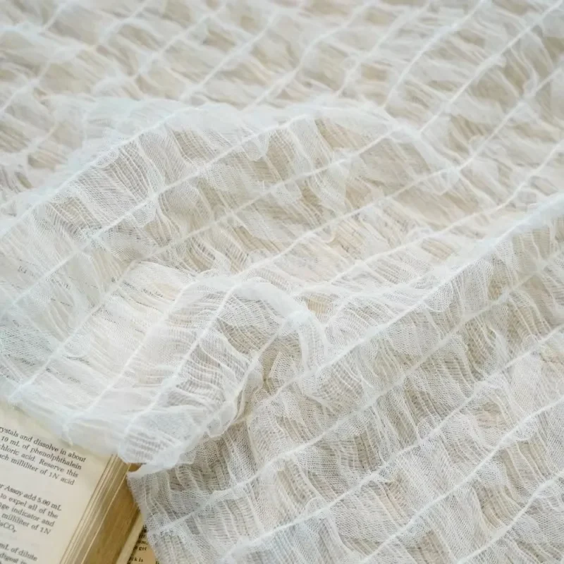 Beige Embroidered Ruffled Stretch Chiffon Fabric for Dress, Blouse, Evening Dress, Wedding Gown, Skirts, Costumes, Doll