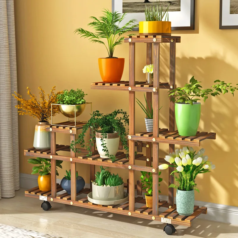 Huishoudelijke Balkon Bloemenrek Massief Hout Multi-Layer Indoor Sappige Pot Rek Woonkamer Bonsai Opknoping Pot Rek Tafel