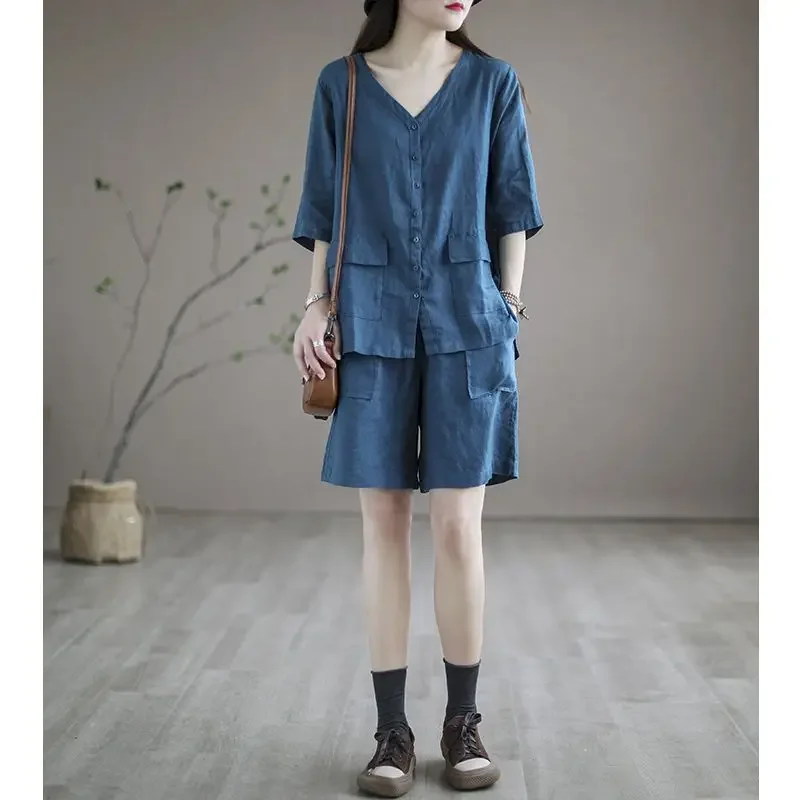 Literary Retro Short Sleeve Blouse Sets Women Cotton Linen Suits Summer Loose Large Size Slimming Casual Tops Shorts 2 Piece Set