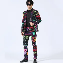 Korean Style Letter Printed Suit Male Singer Bar Stage Performance Slim Fit Blazer Pants 2 Piece Set Photo Studio Party Suit