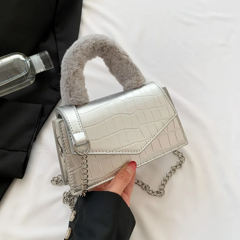 

Пушистая квадратная сумка с крокодиловым тиснением, шикарный кошелек с цепочкой и ремешком для женщин, модная сумка-тоут с верхней ручкой, универсальная сумка через плечо, плюшевая пригородная сумка