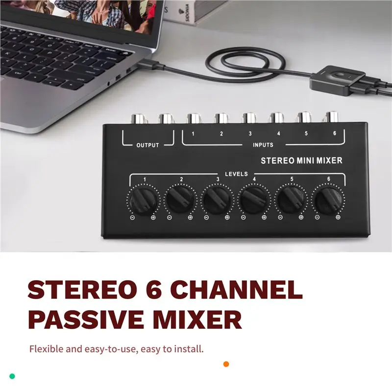 AA60-ستيريو 6 قناة خلاط سلبي RCA جهاز مزج الصوت المحمول 6 في 2 خارج موزع ستيريو التحكم في مستوى الصوت لا يتطلب بطارية