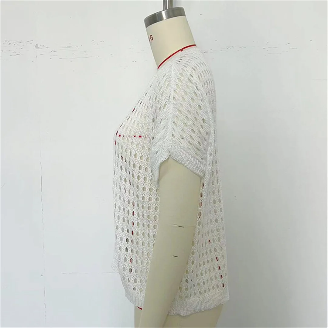 Ausgehöhlte, kurzärmelige Tunika mit V-Ausschnitt, einfarbig, aus Strick, Strandkleid, Strandmode, Damen V8511 – Detail 17