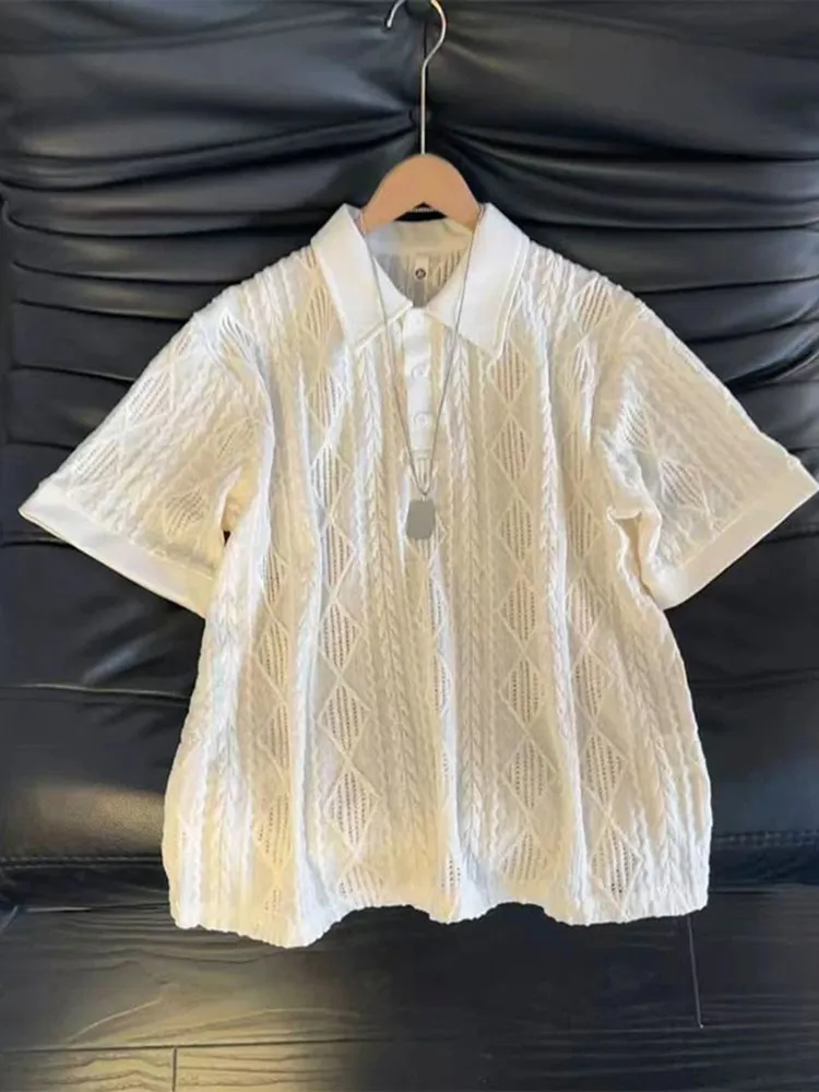 Vintage Cuban Collar Knitted Short Sleeve  T-Shirt Men's Style Retro Wealthy Gentleman Breathable Casual Fashion